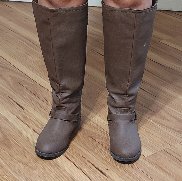 Brash Shoes - Brash Boots Womens 8W Tall Riding Brown Faux Leather Knee-Hi Side Zip Buckle